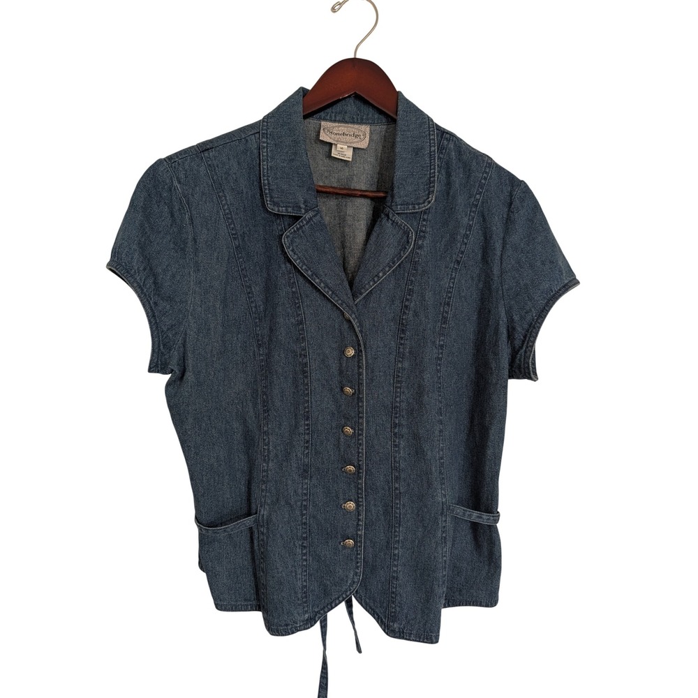 Stonebridge Womens Blue Denim Short Sleeve Western Rodeo Button Up Top Large